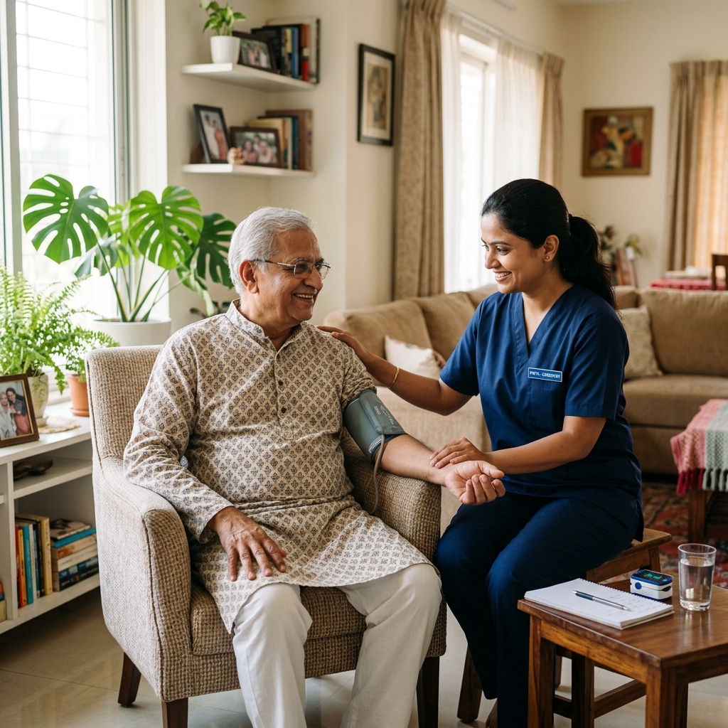 Caregiver caring for senior man